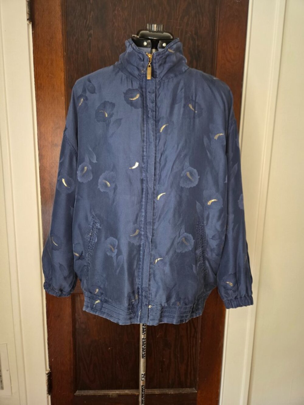 Abvien Vintage 1980's Navy and Gold Silk Jacquard Peace Lily Windbreaker